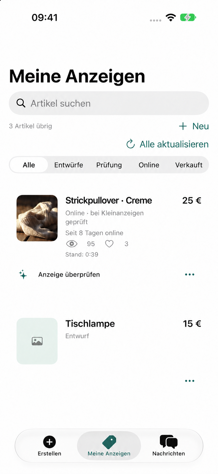 App-Ansicht: eigene Anzeigen und Entwürfe im Überblick