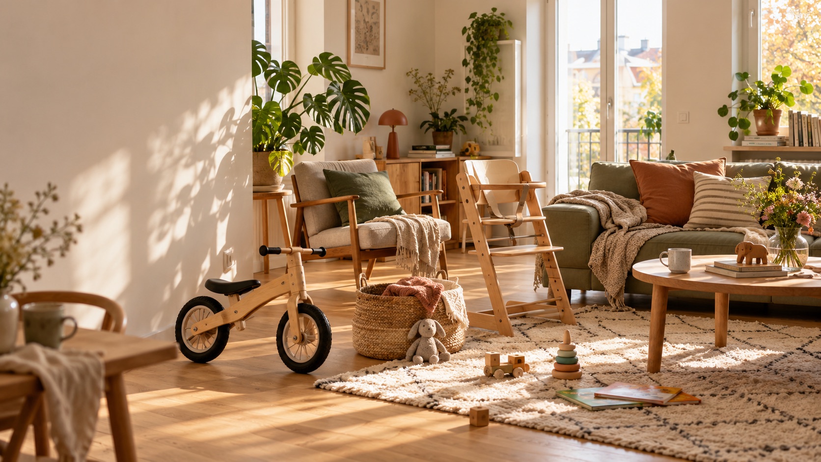 Sonniger Familienwohnraum mit Sessel, Hochstuhl, Laufrad und einem Korb mit Kleidung